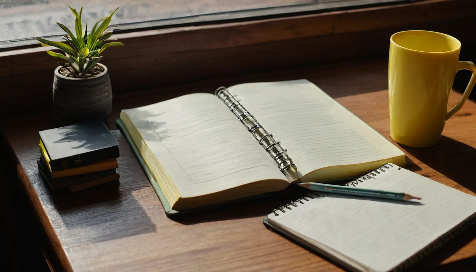 Ders çalışma masası, açık defter ve kalem
